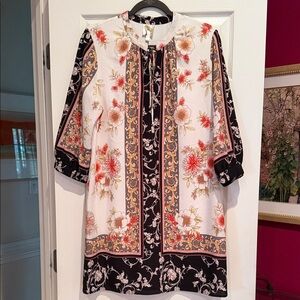 FIG AND FLOWER White Floral Border Mini Dress with Black Panels